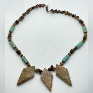 TURQUOISE Flower Stone Goldstone Beaded Necklace w Brass Toned Clasp 16” + 1.5”